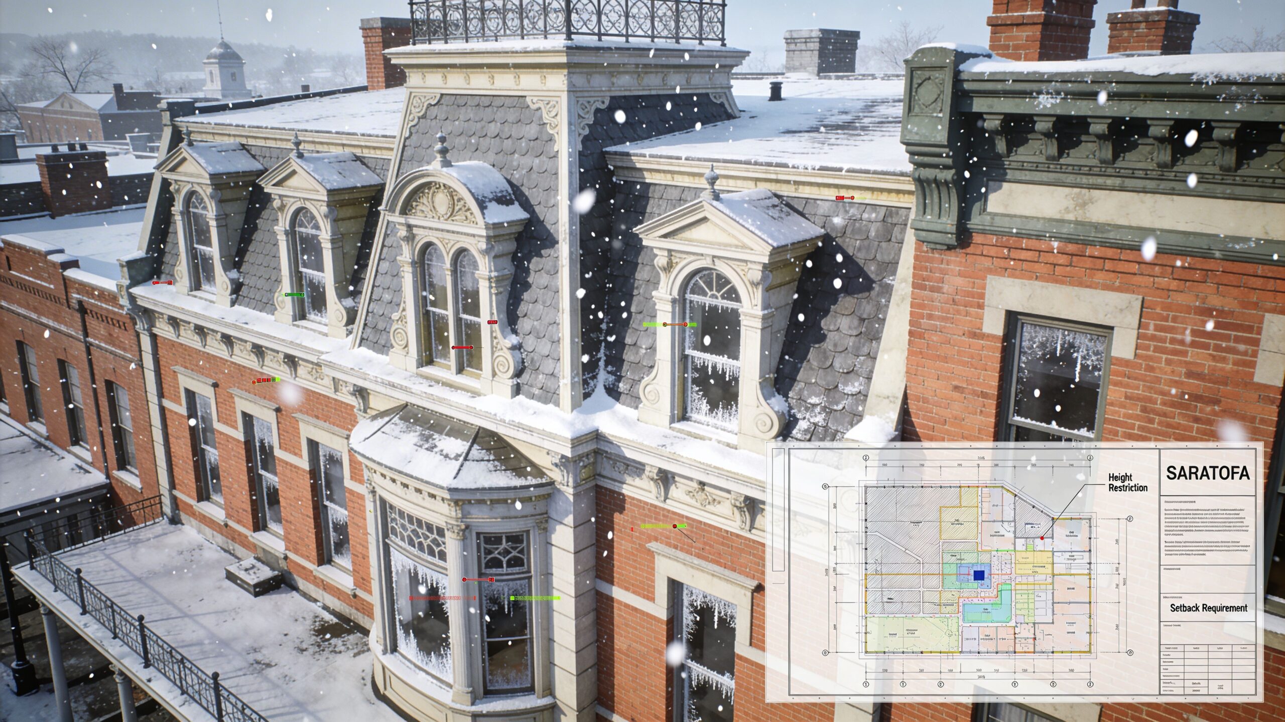 A historic brick building facade with snow and an overlaid architectural floor plan blueprint document.