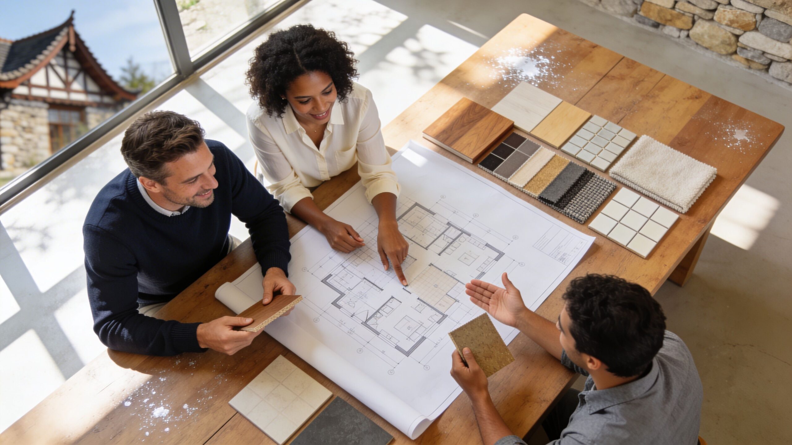 A diverse team of professionals collaboratively discussing architectural floor plans and material samples on a large wooden table.