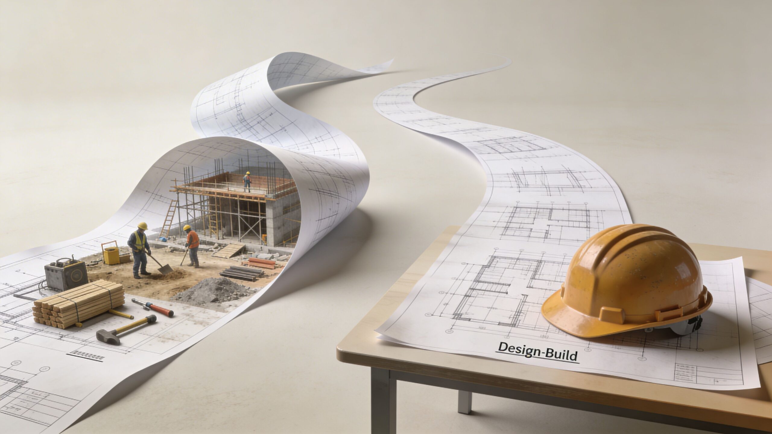 Construction blueprints curling into a real 3D job site with workers and a yellow hard hat.