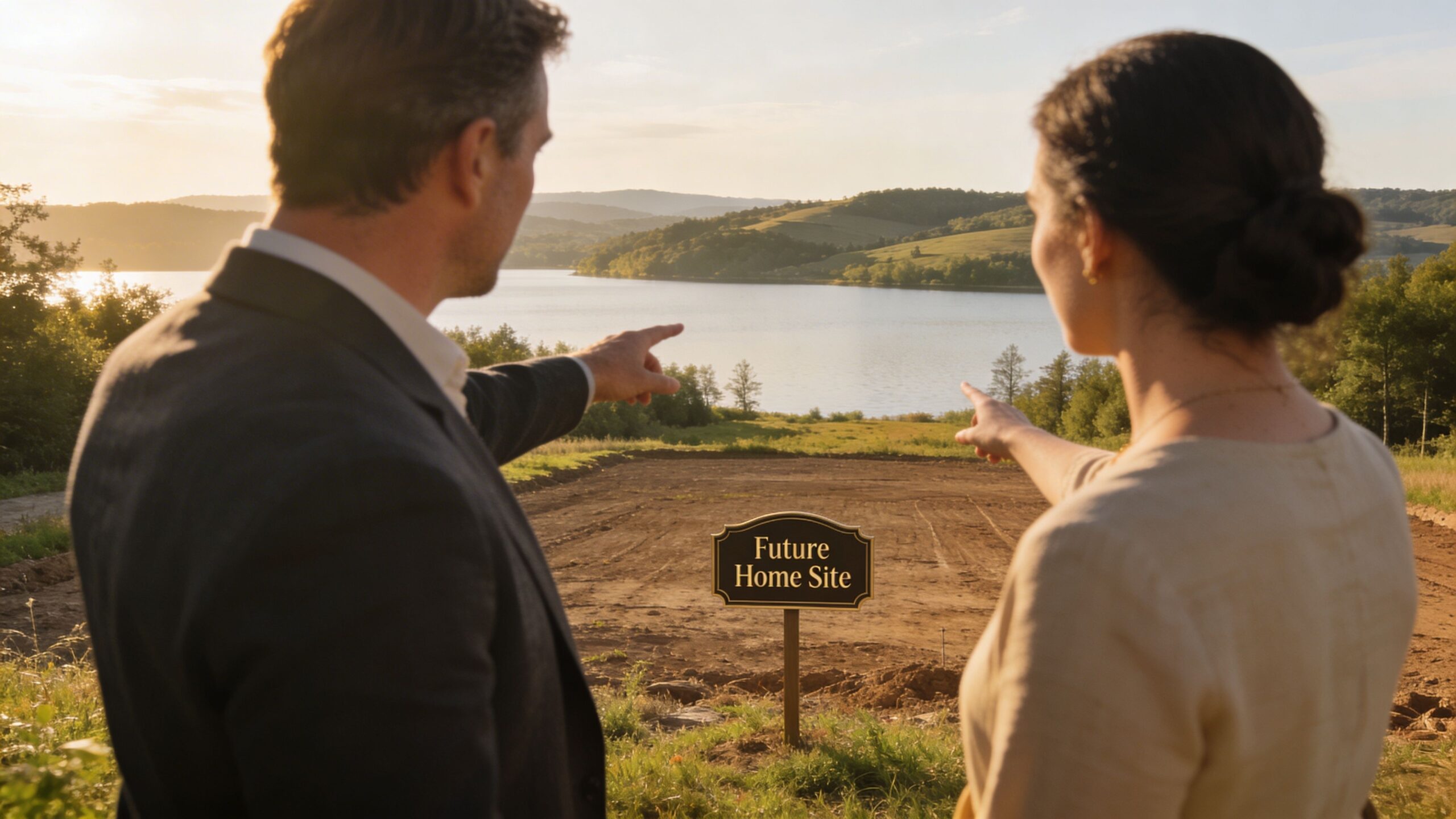 A couple standing together and pointing towards a scenic waterfront lot designated as a future home site.
